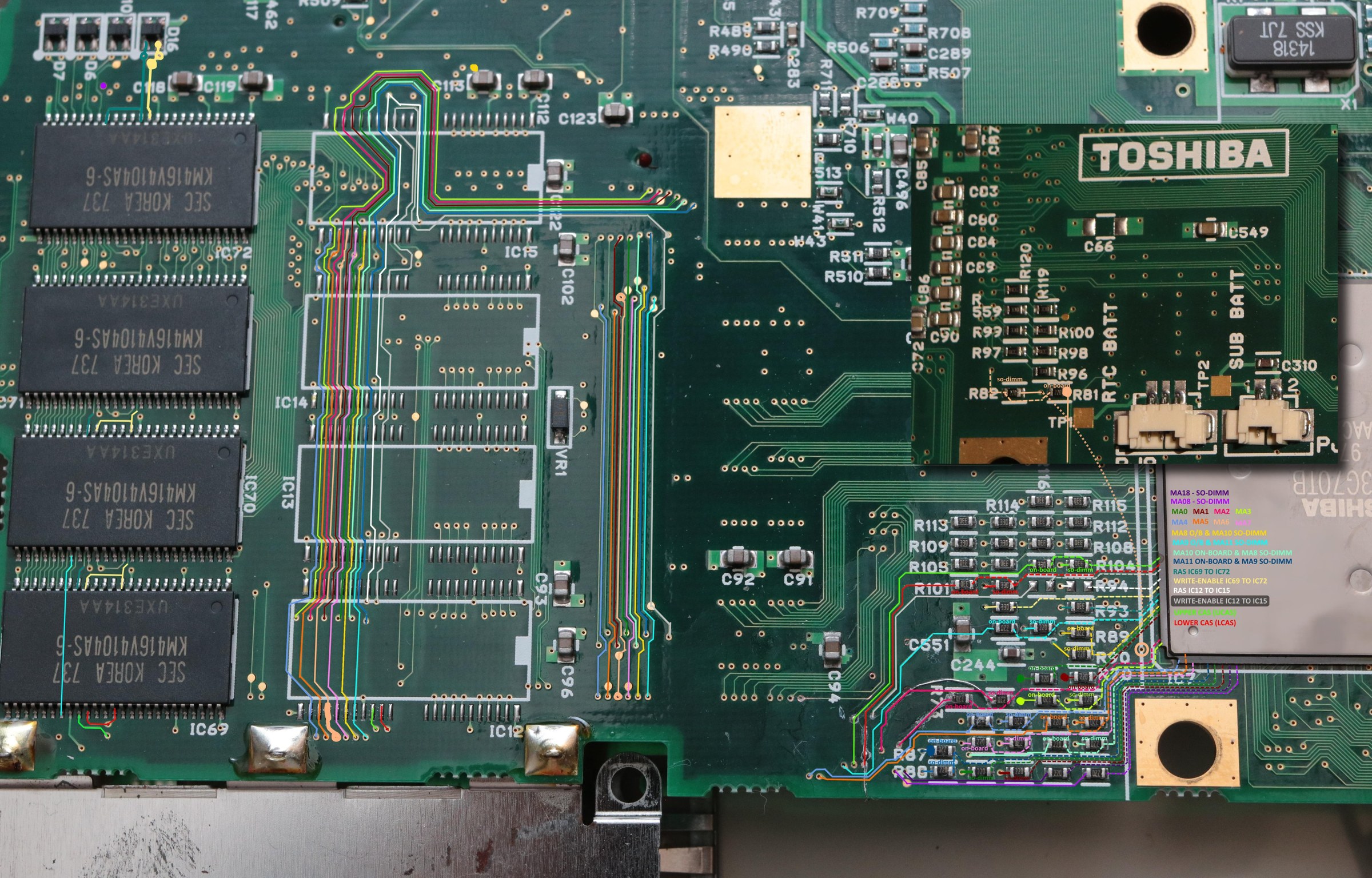Thermalwrong's map of the memory lines on his Satellite 460CDT board, every line marked in color Thermalwrong's map of the memory lines on his Satellite 460CDT board, every line marked in color