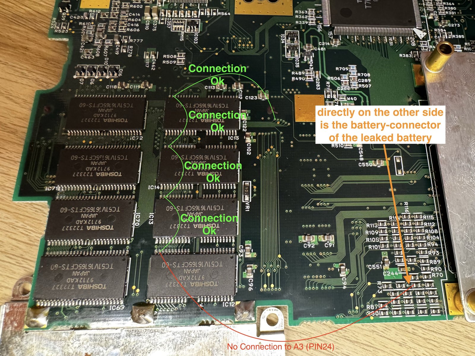 No connection to A3 (pin 24) - directly on the other side of the board is the connector of the leaked battery No connection to A3 (pin 24) - directly on the other side of the board is the connector of the leaked battery