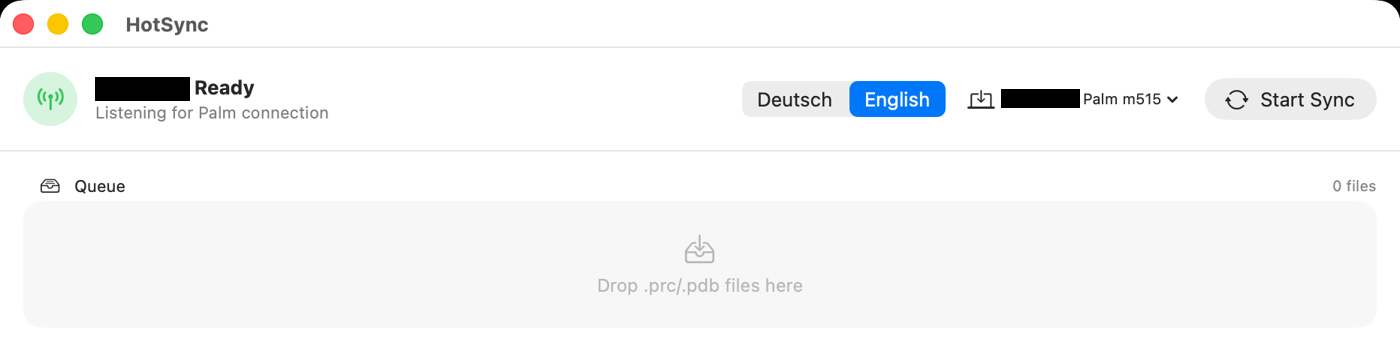 The HotSync window: ready, with an empty queue to drop .prc and .pdb files into