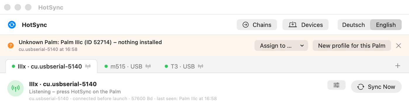 Version 1.1: a Palm that no profile knows connected on the serial cradle. Nothing is installed until it is assigned to a profile Version 1.1: a Palm that no profile knows connected on the serial cradle. Nothing is installed until it is assigned to a profile