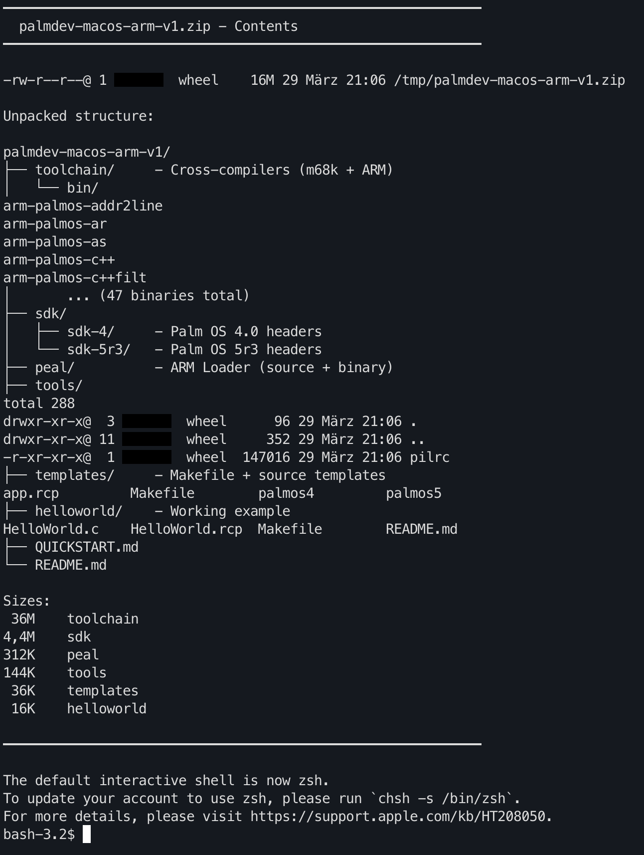 Contents of the palmdev-macos-arm ZIP file