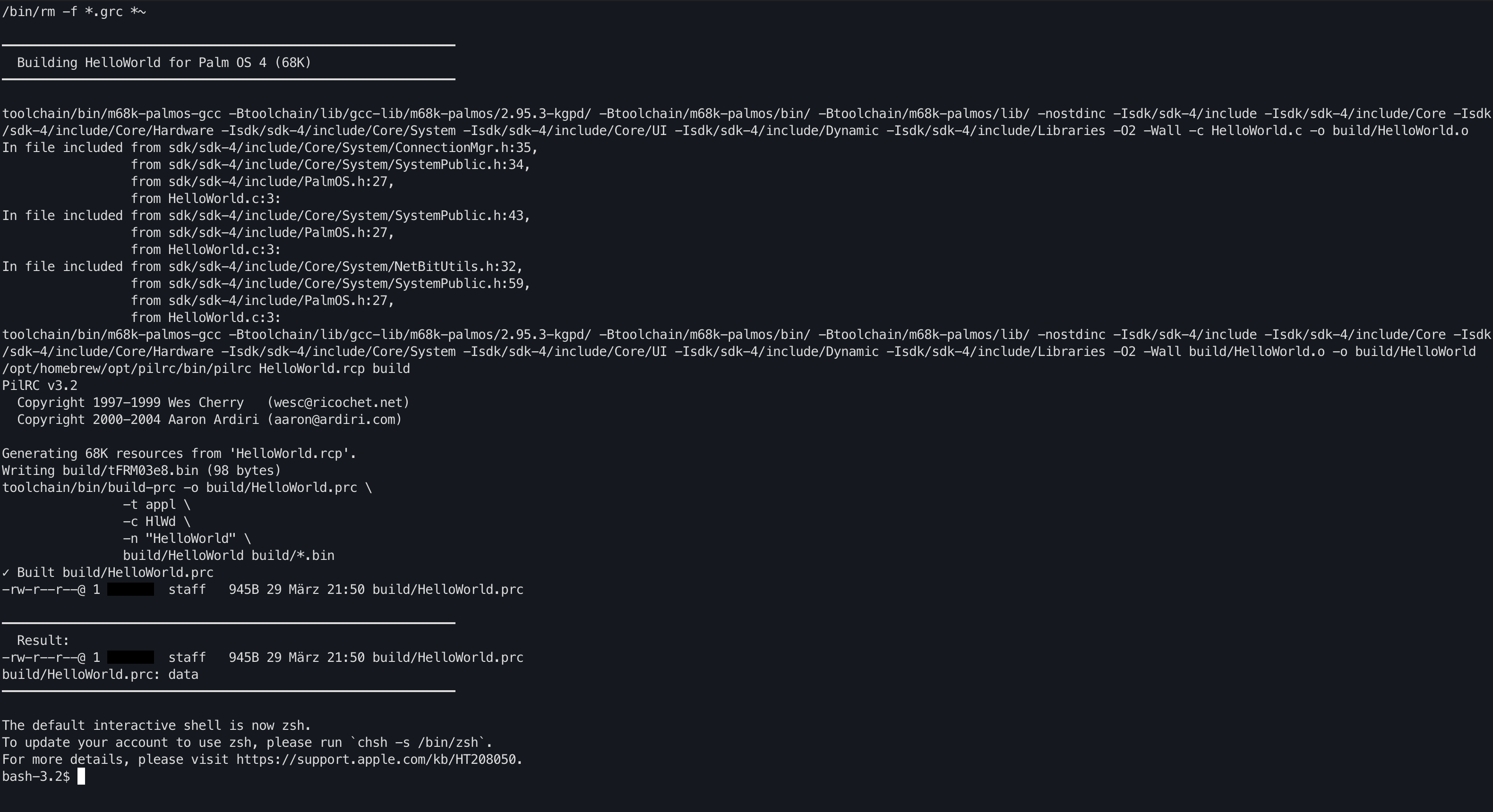 Terminal output of make build for Palm OS 4 (68K)
