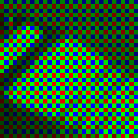 The same pixels, coloured by their Bayer filter The same pixels, coloured by their Bayer filter