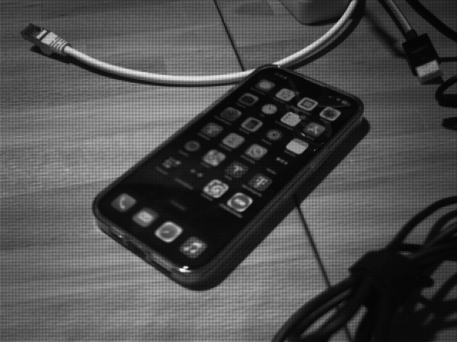 Raw sensor data after decompression, still as a grey image with a fine grid pattern Raw sensor data after decompression, still as a grey image with a fine grid pattern