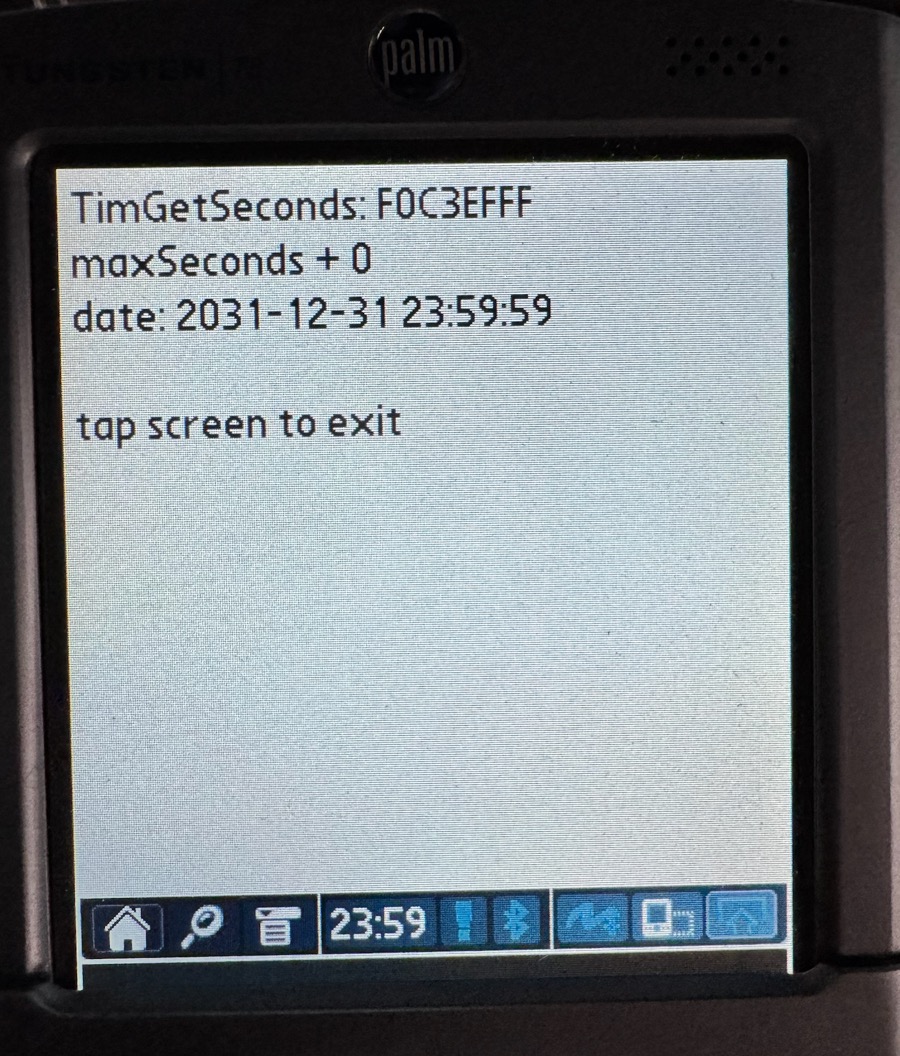 ClockProbe on the T3, without any fix: the clock is exactly at maxSeconds, 2031-12-31 23:59:59 ClockProbe on the T3, without any fix: the clock is exactly at maxSeconds, 2031-12-31 23:59:59