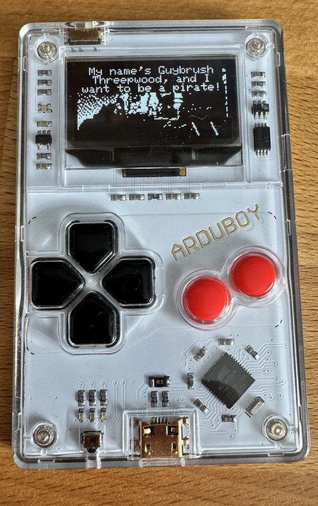 The Arduboy FX showing the lookout point on Mêlée Island with Guybrush introducing himself The Arduboy FX showing the lookout point on Mêlée Island with Guybrush introducing himself